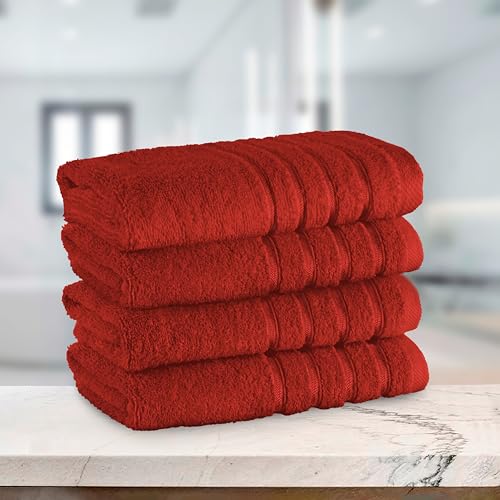 Image of Elegant Comfort 100% Turkish Cotton 4 Lines Viscose Stripe Luxury 4 Pack Hand Towel Set - Ultra Absorbent and Soft 16 x 28 Inch Premium Hotel Spa Quality Towels for Everyday Bath Use, Red