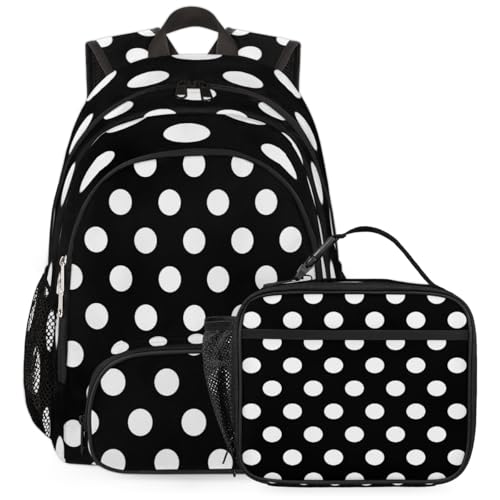 BICUUZHI Black and White Doodle Polka Dots Large Backpack Set