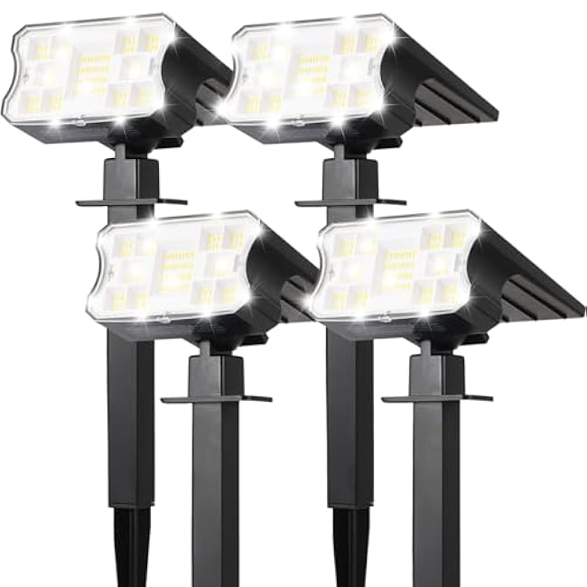 HGGH Solar Lights Outdoor Waterproof IP67, 60 LED 3 Lighting Modes Solar Spot Lights Outdoor for Yard Garden Pathway Landscape, Auto On/Off, Function 2 in 1(Cool White, 4 Pack)