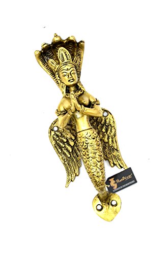Image of Two Moustaches 8.5 Inches Nagkanya Design Brass Door Handle, Snake Lady Door Handle, Handles for Main Door, Door Pulls, Standard Size, Antique Yellow, Pack of 1