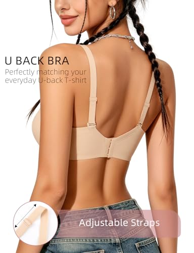 Upushall Womens Plunge Padded Push Up Bras for Small Breast Seamless T Shirt Bra Underwire Beige - image 4