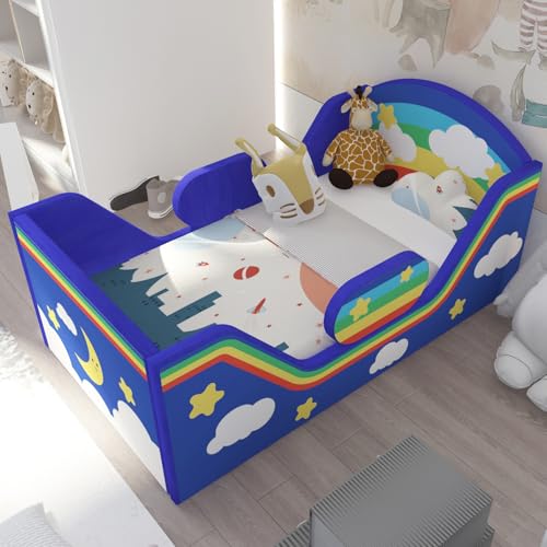 Toddler Bed, Child Bed for Kids with Extra Safty Broad, Standard Crib Size Toddler Bed, Certified Fabric Toddler Beds,Toddler Flood Bed (Night Blue)