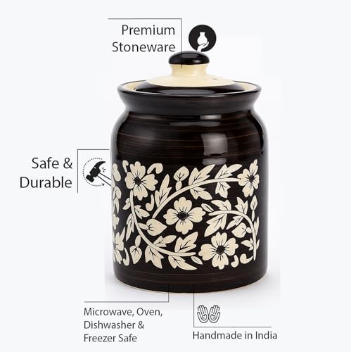 Image of D'Maiolica Traditional Ceramic Pickle Jars with Lid in 1000ml | Achaar Barni for Kitchen | Ceramic Container for Achar, Salt, Spices (Set of 1)(Z Black Floral Print)