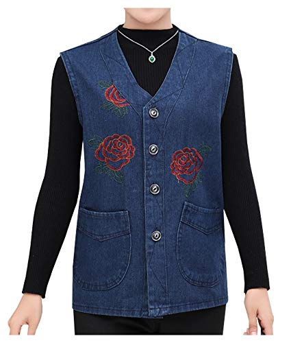 SCOFEEL Women's Embroidered Denim Vest Sleeveless Jean Jacket Waistcoat Navy