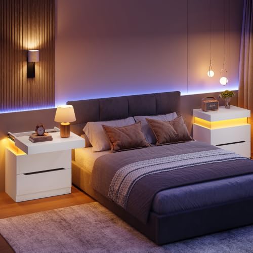 Image of TEENFON Nightstands Set of 2, Night Stand with Sliding Top, Nightstand with App-Controlled Adjustable LED Lights, Bedside Table with 2 Drawers, Modern Nightstands for Bedroom,White