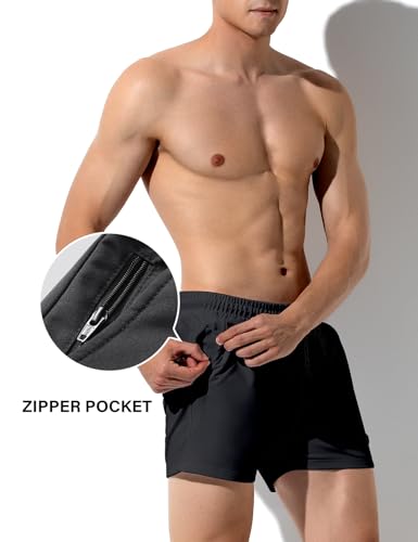 Mauro Kane Mens Shorts Quick Dry 3 Inch Running Shorts Sports Elasticated Waist Drawstring Summer Jogging Short with Zip Pockets,Black-S - Image 2