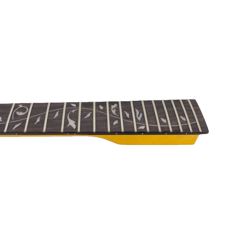 Manico di ricambio per chitarra elettrica, in acero con tastiera in palissandro, 22 tasti, scala da 65 cm, tacco imbullonato, finitura lucida gialla (intarsio in vite)