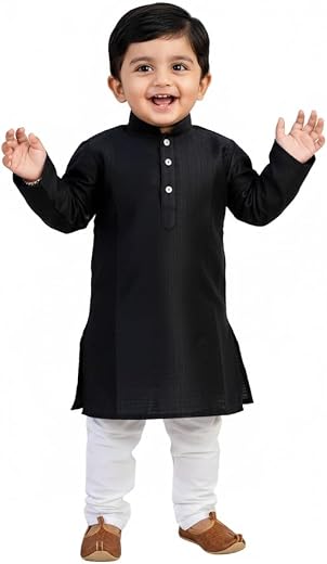 Pohar Creation Traditional Indian Boys Kurta Pyjama Set, Black Cotton Kurta with White Pajama, Ethnic wear Kurta pyjama set.