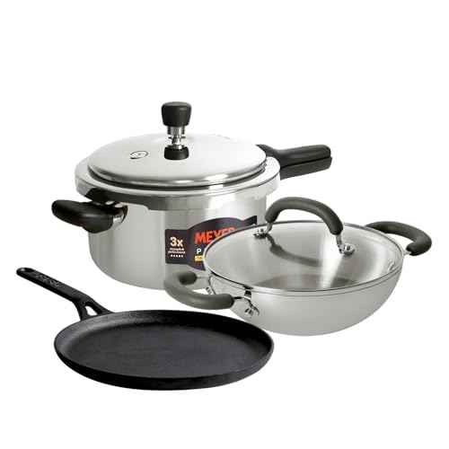 Image of Meyer Ultimate Cooking Combo - 5.5 L Presta Tri‑Ply Stainless‑Steel Pressure Cooker + 22 cm Trivantage Tri‑Ply Kadai /Wok with Lid with cast Iron tawa