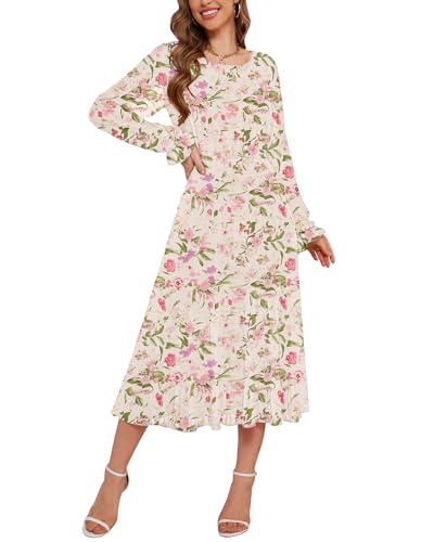 Image of CYiNu Women's Midi Dresses Long Sleeve Crew Neck Flowy Casual Floral Boho Tiered Chiffon Smocked Elegant Dress