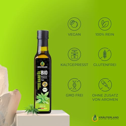 Kräuterland Bio Hanföl 2X250ml (500ml), kaltgepresstes Hanfsamenöl, naturrein ohne Zusatzstoffe, Vegan & GVO-frei, geeignet für Haut & Haare, Premium Qualität