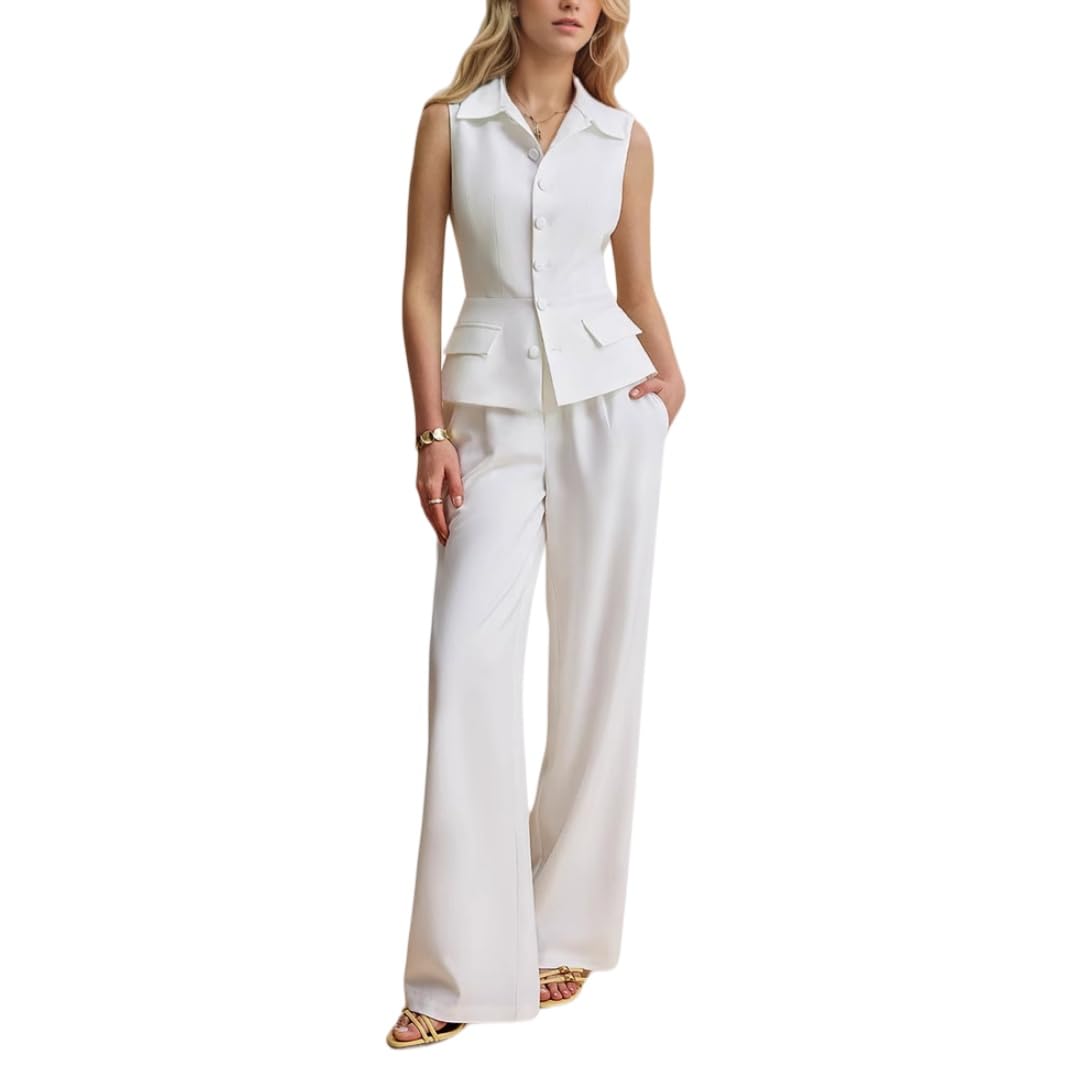 Conjunto Mujer Conjunto De Dos Piezas Blanco Para Mujer Chaleco Sin Mangas Con Cuello Y Botonadura Sencilla Y Pantalones De Pierna Ancha A Juego Ideal Para Ocasiones Formales Como La Oficina Bodas O