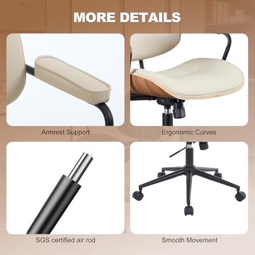 Image of Mid Century Modern Office Chair with Adjustable Backrest, Wooden Desk Chair with Armrests, Swivel Height Adjustable Home Office Chair, Comfortable Task Chair for Home Office, Beige
