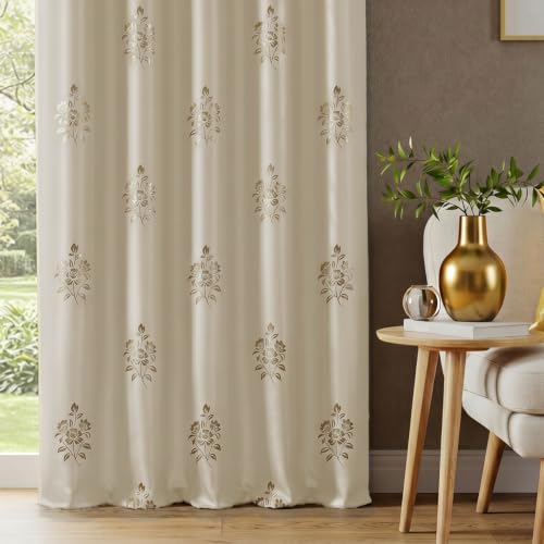 Image of Urban Space 100% True Blackout Curtains for Window, Gold Foil Printed Blackout Curtains, Blackout Decorative Window Curtain Eyelet with Tieback, 1 Piece Curtain for Living Room (Avni Beige, 5 Feet)