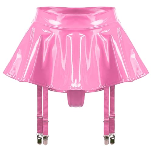 Women's PVC Wet Look Pleated Mini Skirts PU Leather Flared Skater Skirt with Panty