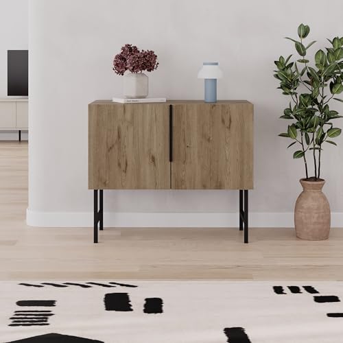 HOCUS PICUS Console Cabinet 88×40×75 cm | Modern 2-Door Storage Unit with Metal Legs & Handles | Compact Hallway or Living Room Cabinet | Simple Functional Design (Oak)