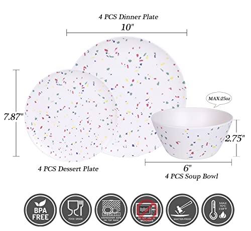12 Pieces Dinnerware Set Melamine Plates And Bowls, Service For 4, Lightweight & Unbreakable Dishes- Perfect For Graduation Birthday Wedding Use Reuseable Dish Set（Multicolored Confetti） #TOP1