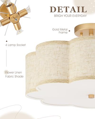Image of Gold Semi Flush Mount Ceiling Lights, 4-Light 18 inch Brass Light Fixtures Ceiling Mount with Linen Fabric Drum Shade in Flower Shape for Nursery Bedroom Kitchen Hallway, AD-22009-4SF-GD-B