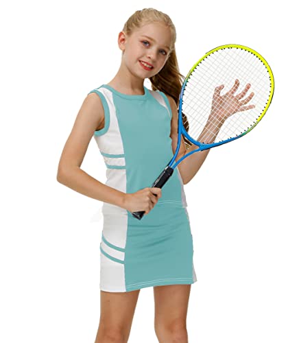 Girls Tennis Athletic Outfit Set Sports Color Block Casual Tank Top Golf Skirt Built In Shorts Light Green 6-7 Years #TOP5