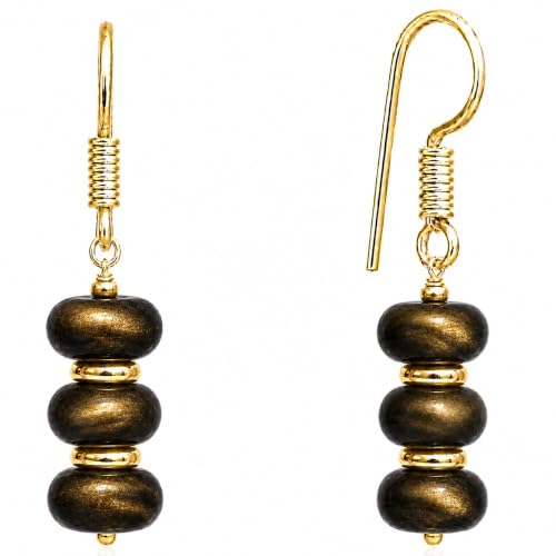 Image of Gempires Natural Gemstone Rondelle Bead Earrings for Women | 8mm Beaded Drop Dangle Earrings | Gold Plated Hypoallergenic Hook Jewelry | Handmade Lightweight Crystal Earrings (Golden Obsidian)