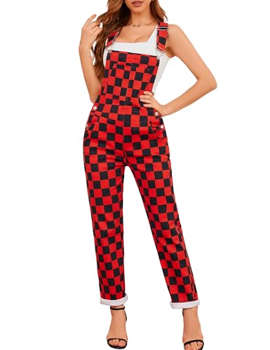 Odefou Checkered Pants Womens Overalls Fashion Bib Coveralls Cute Stretch Jeans Jumpsuit(Red and Black Checkered M)