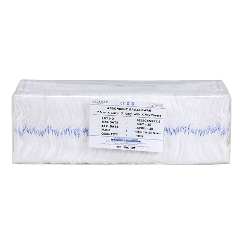 Image of LIFEMED Non-Sterile Gauze Swab 7.5cm x 7.5cm x 12Ply with X-Ray Detectable Thread - High-Absorbency Medical Dressing for Wound Care, Surgical Use & First Aid (Pack of 100 Swabs)