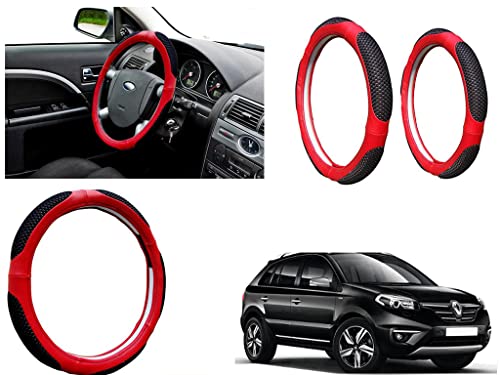 Image of Microfiber Car Steering Wheel Cover, Soft Padding Great Hand Feel, Anti-Slip, Faux Leather Steering Cover for Renault Koleos | Black Red Jali - Pack of 1