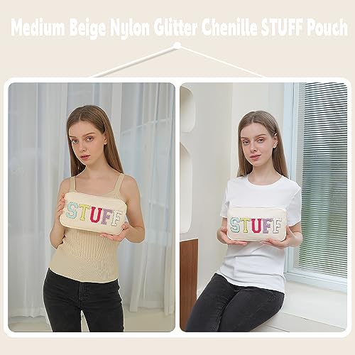 YogoRun Medium Pouch for Purse Glitter Chenille Stuff Pouch Women Nylon Pouch (M, Beige-Stuff) - Image 3