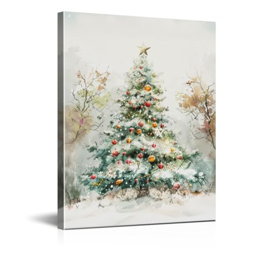 Vintage Christmas Decorations - Classic Xmas Tree Holiday Wall Art Picture Painting Artwork - Indoor Christmas Gifts Decor for Wall Mantel Table Home Farmhouse 8"x10" Framed