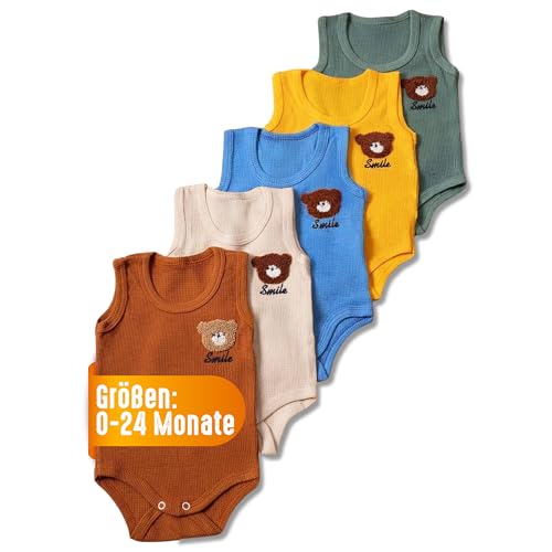 5-pack kortärmad babybody 0–24 månader av 100 % ekologisk bomull – unisex för pojkar och flickor – mjuk babybody för nyfödda – sparkdräkt som andas – hudvänlig bodies baby sommar kortärmad, brun, gul