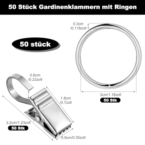 Realure 50 Stück Edelstahl Gardinenringe mit Clips, Silber Vorhangringe mit Clips, Gardinenklammern mit Ø 30 mm Metall Gardinenringe für Vorhänge, Gardinenstangen, Duschvorhang, Fotos und Licht