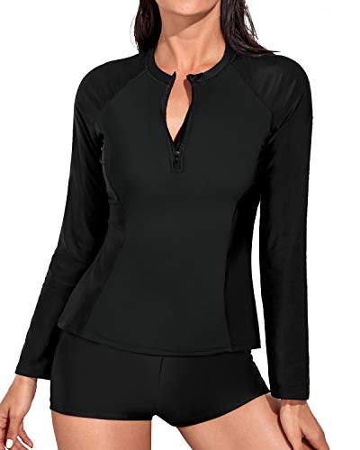 Daci Women Rash Guard Long Sleeve Zipper Boy Shorts Swimsuit UPF 50 Bathing Suit Black L