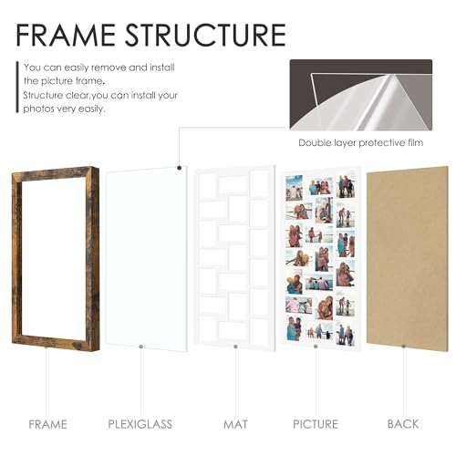 Image of DUENPY 16x38 Collage Picture Frame 4x6 Collage Frame Displays twenty 4x6 inch Photos Available Horizontal Wall Mounting Display and Vertical Brown