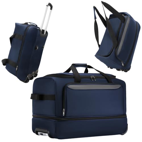 Cozary Reisetasche mit Rollen 57L - 3-in-1 Multifunktions-Reisetrolley aus wasserabweisendem Oxfordstoff, erweiterbarer Reisekoffer mit Rollen für Sporttasche groß Reiserucksack-56x29x35cm-Dunkelblau