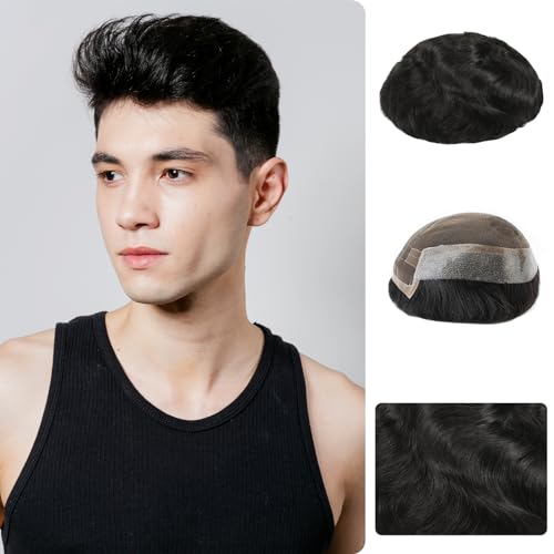 Zakya Perücke Männer, 100% Echthaar, Spitzen weben mit Zwei Seiten und hinter sich PU, Leichte Mittlere Dichte, Atmungsaktiv und Komfortabel (Off Schwarz 1B#,15 * 23 CM)