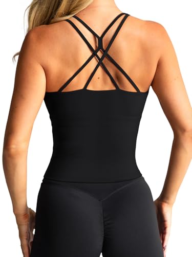 Image of LASLULU Womens High Neck Workout Tank Tops with Built in Bra Strappy Back | Low to Medium Impact,Longline Halter Neck Sports Bra,Fitted Compression,Padded Athletic Yoga Running Gym Pilates Tank Tops
