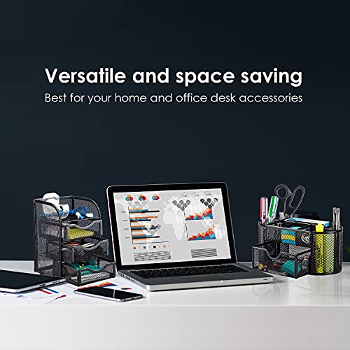 Halter 2 Piece Steel Mesh Desk Drawer Organizer Set, Cute Pen Holder for Desk, Office and Desk Organizer, Supplies Accessories Tray, Small Desktop Organizers, Mini Shelf Drawers Storage Decor, Black