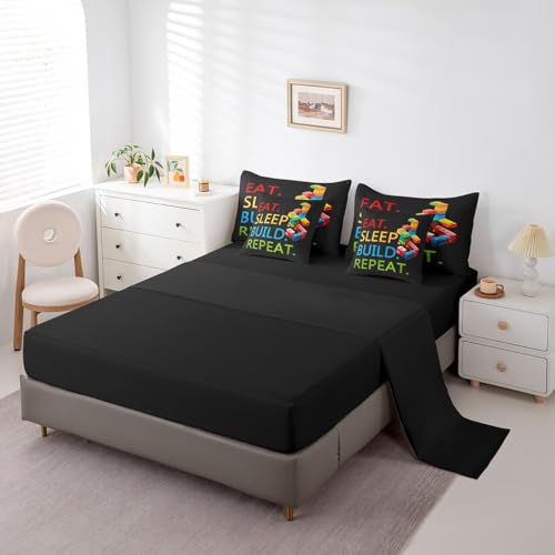 Image of Feelyou Colorful Toy 7 Piece Bedding Set Teen Women Men Funny Building Blocks Decoration Comforter Set with Sheets King Size Kids Boys Cute Games Bed in a Bag Colorful Geometric Brick Room Decor