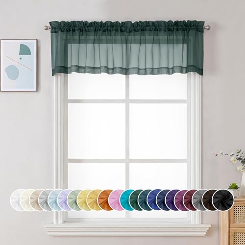Image of Chyhomenyc Sheer Valances for Windows 2 Pack, Small Window Curtains for Living Room Bathroom, Modern Top Dual Rod Pocket Basement Curtains for Small Window, 42Wx14L inches, 2PCS, Hunter Green