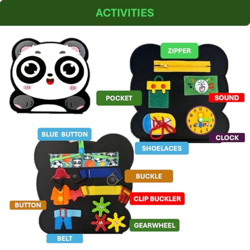 Image of Panda Quiet Activity Book, 12 Basic Skills. Buckle Board for Toddlers. Developing Motor, Cognitive, and Sensory Skills. Zipper Button snap Toy. Basic Life Skills for Toddlers