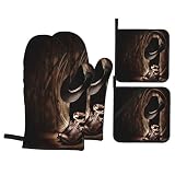 4-Piece Set Oven Mitts and Potholders, Vintage American Western Cowboy Hat and Boot Baking Glove and