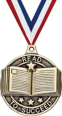 Crown Awards Gold Reading Medals - 2" 3D Read to Succeed Award Medals with Neck Ribbon
