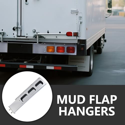 Image of Stainless Steel Mud Flap Hanger Set with Rectangle Light Cutouts 2-1 /2 inch Bolt Spacing 30 inch Length Rear Bar for Semi Trucks, 2.5 inch Bolt Spring Loaded with Aluminum Reflective Tapes