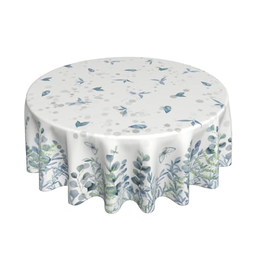 Kawani Sage Green Eucalyptus Leaf Tablecloth Round 60 Inch Spring Summer Leaves Butterfly Decorative Table Cloth Washable Wrinkle Stain-Resistant Polyester Holiday Table Cover for Party Dinner Picnic