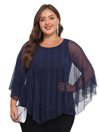 LapaPlus Sparkly Plus Size Top Women's Elegant Evening Wedding Tops Capelet Flowy Shirts Double-Layers Mesh Tunic Blouse Navy Blue