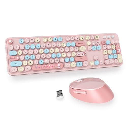 Clavier et souris rose sans fil, joli clavier coloré de machine à écrire pleine taille avec pavé numérique pour ordinateur de bureau, ordinateur portable et ordinateur (rose colore)