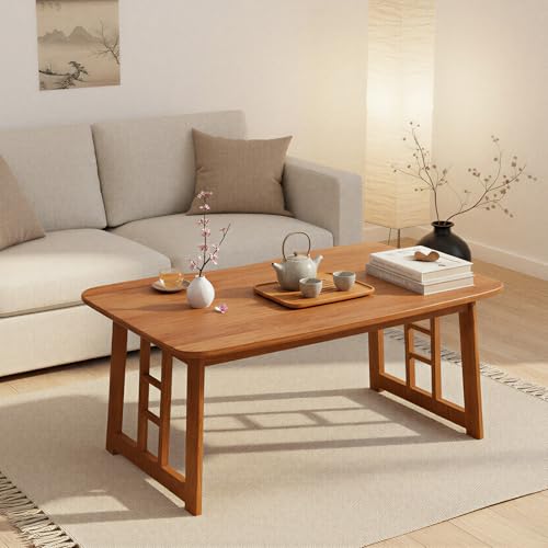 Folding Bamboo Coffee Table, 31.5" Portable Low Table with Wider Legs for Apartment Living Room Tatami, Space Saving Japanese Style Floor Table No Assembly Required (Brown)