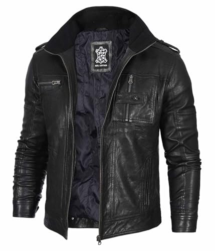 Image of fjackets Mens Leather Jacket - 100% Real Lambskin Cafe Racer Leather Jacket Men Moto Style Jackets