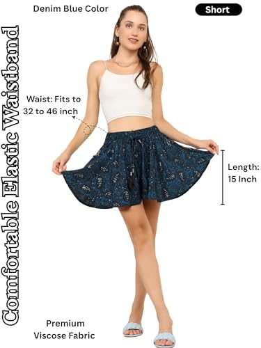 Image of KE KANHA EXPORTS Women's Boho Printed Viscose Flared Shorts | Skort‑Style Silhouette | Elastic Waist with Tassel Drawstring | Lightweight Summer Casual