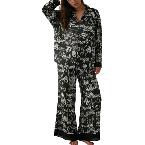 Image of Women Satin Pajama Set Floral Silk Pajamas 2 Piece Lounge Sets Button Down Shirts Wide Leg Pants Pjs Sleepwear